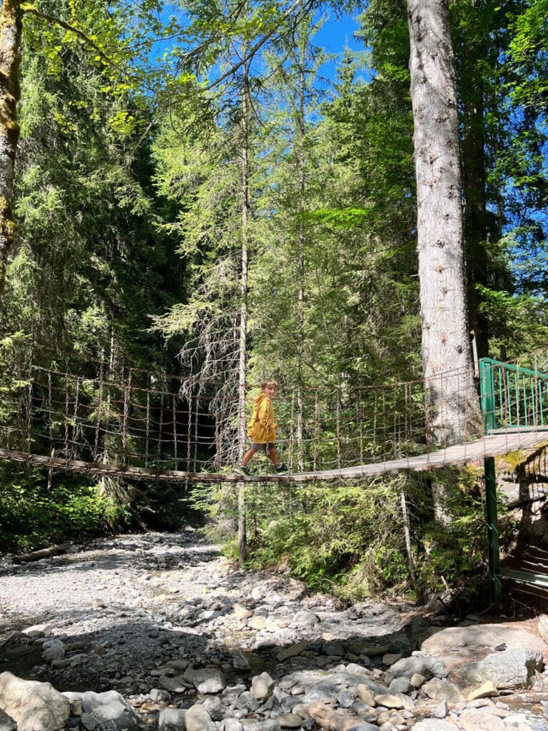 Ein Junge läuft über eine Hängebrücke aus Holz im Wald